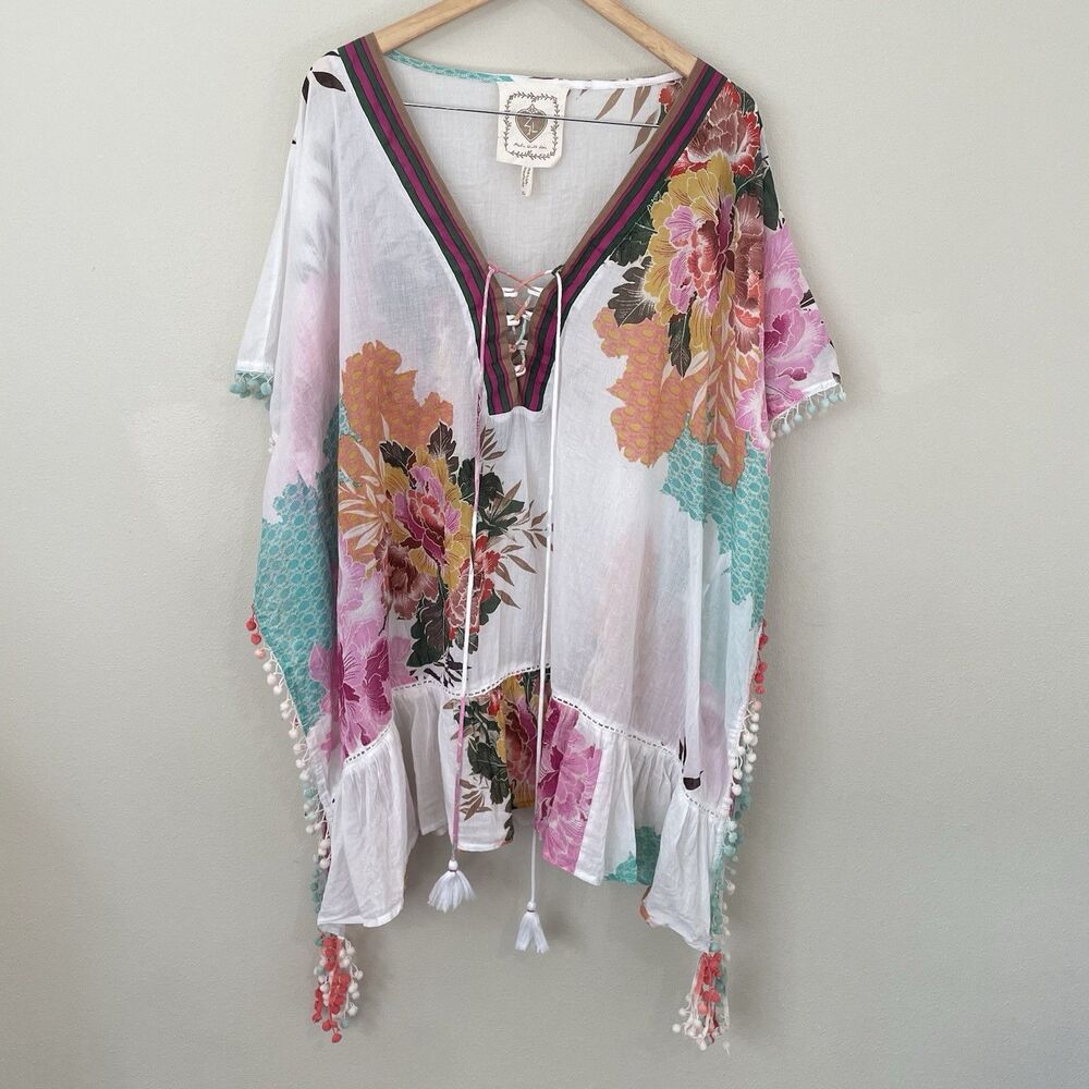 Z&L Anthropologie Tunic Coverup Ivory Floral PomPom Tassel Boho Kimono Kaftan~XL
